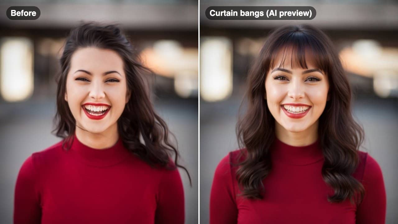 The same woman before and after an AI curtain bangs preview