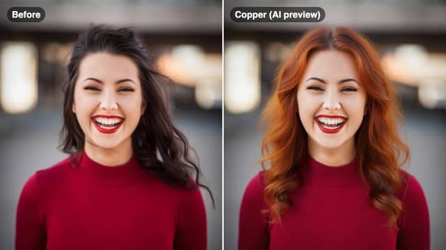 The same woman with dark brown hair and with an AI copper hair color preview