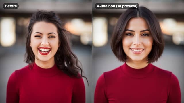 The same woman with long wavy hair and with an AI A-line bob preview