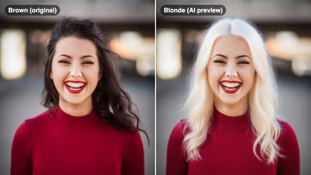 The same woman with her original brown hair and with an AI blonde hair preview, side by side
