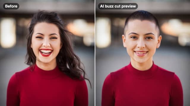 Before and after: a woman with long wavy hair, and the same woman with an AI buzz cut preview