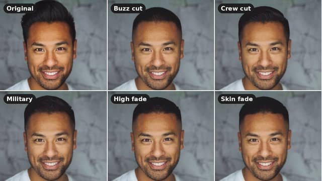 The same man shown with his original hair and as AI previews of a buzz cut, crew cut, military cut, high fade and skin fade