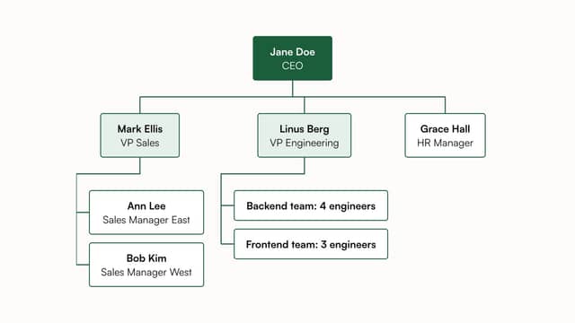 Org chart example: a CEO with a VP of Sales, a VP of Engineering and an HR manager, and their teams