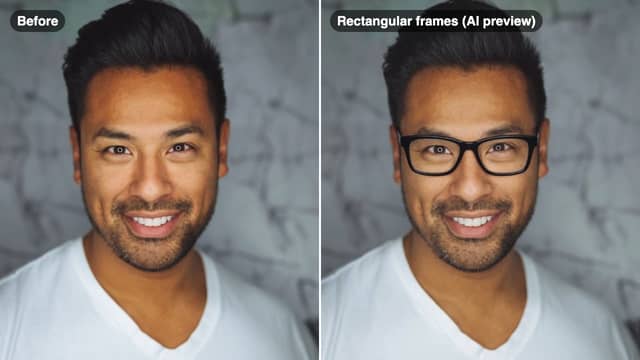 The same man without glasses and with AI-previewed rectangular frames