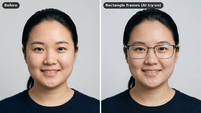 A round face without glasses and with an AI try-on of rectangle frames