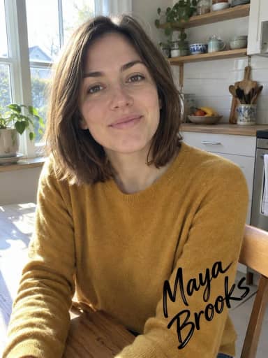 A woman at a sunny kitchen table in a mustard sweater, and the same photo signed in black marker in the bottom corner (Black Marker)