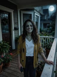 AI Halloween Photoshoot example: the same photo with the Costume preset (Zombie)