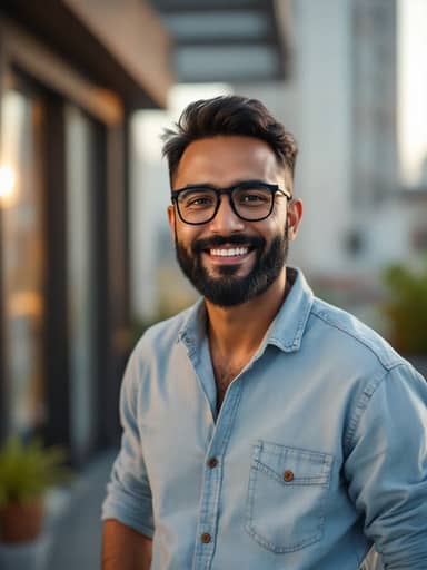 Uploaded photo: A rooftop photo in a denim shirt. Same glasses and beard, standing, walking, seated and leaning.