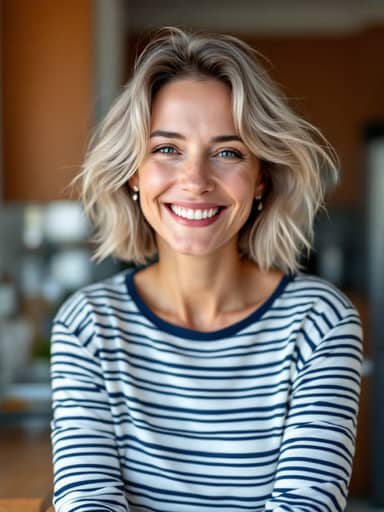 Uploaded photo: A kitchen snapshot in a striped top. Same blonde bob and laugh, seven poses in one collage.