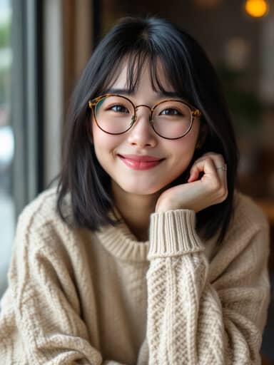 Uploaded photo: Round glasses and a cream sweater, smiling through it.