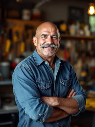 Uploaded photo: Grey moustache, denim shirt, one raised eyebrow.