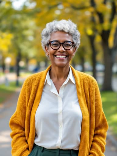 Uploaded photo: Grandma keeps her grey curls, her glasses and her mustard cardigan.