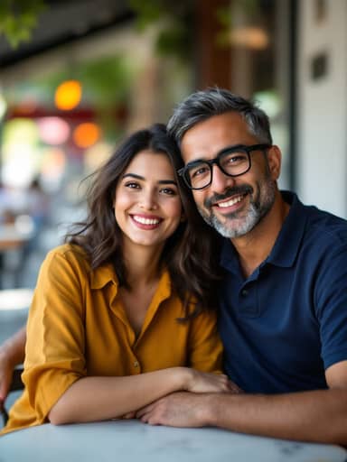 Uploaded photo: A sunny cafe photo. His glasses and her wavy hair stay; now it is a rainy night and they lean in, foreheads together.