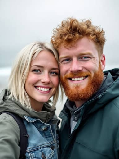 Uploaded photo: A windy seaside selfie. Same blonde bob and ginger beard, now soaked and smiling in a city-street embrace.