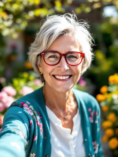 Uploaded photo: A garden photo. Same red glasses and floral cardigan; the sobbing turns into a happy little dance on the lawn.
