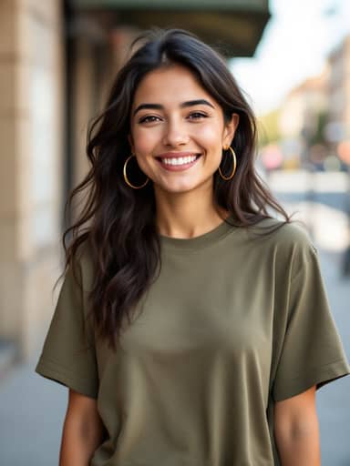 Uploaded photo: A sunny sidewalk photo in an olive tee. Same long waves, gold hoops and smile, now leaning on a retro pump on a wet night.