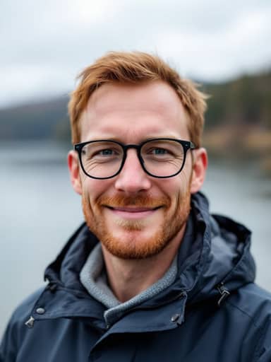 Uploaded photo: A grey lakeside photo in a rain jacket. Same red hair, beard and glasses, now flash-lit beside the glowing store.