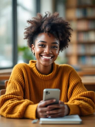 Uploaded photo: A library photo in a mustard sweater. Same afro and big smile, now on a retro pump by the empty highway.