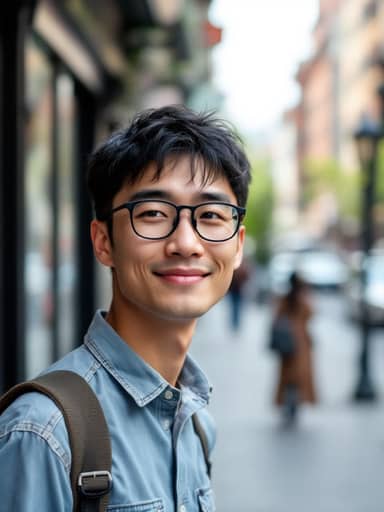 Uploaded photo: A street photo in a denim shirt. Same black glasses and easy smile, now gliding over the rooftops on Halloween night.