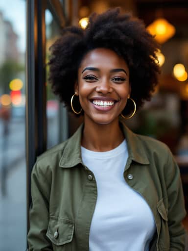 Uploaded photo: A cafe-window photo in an olive jacket. Same afro, gold hoops and laugh, now flying over a town full of jack-o'-lanterns.