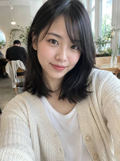 Uploaded photo: A cafe selfie in a cream cardigan. Same bob and side fringe, now drawn with star-shaped sparkles in her eyes.