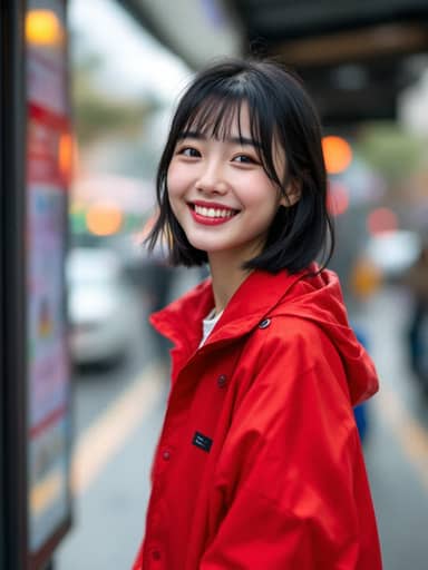 Uploaded photo: A bus-stop photo in a red windbreaker. Same bob and smile, now racing down the street on a motorcycle that isn't there.