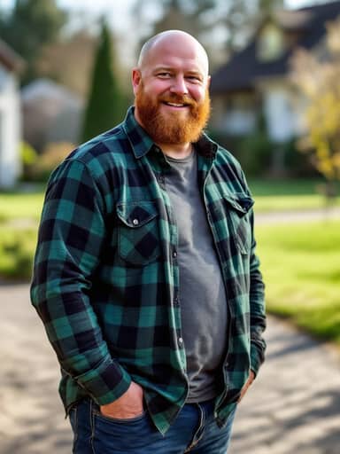 Uploaded photo: A driveway snapshot in a plaid flannel shirt. Same shaved head and ginger beard, now revving empty fists at full speed.
