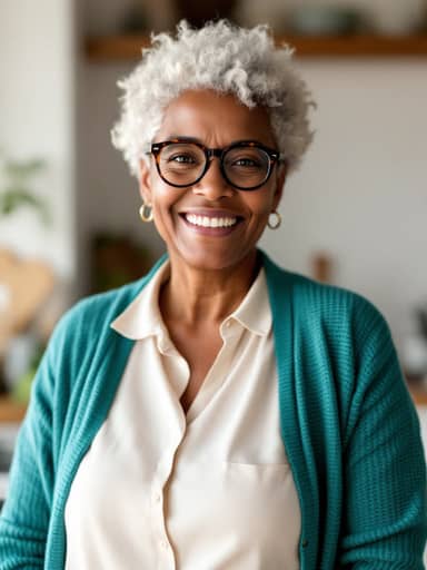 Uploaded photo: A kitchen photo in a teal cardigan. Same silver curls, glasses and big laugh, now zooming toward the camera on the invisible ride.