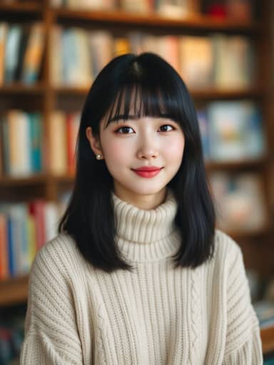 Uploaded photo: A bookstore photo in a cream sweater. Same sleek black hair, bangs and pearl studs, now in the aisle of a moonlit church.