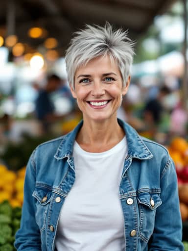 Uploaded photo: A farmers-market photo in a denim jacket. Same silver pixie cut and freckles, now lit by candlelight and cold blue glass.