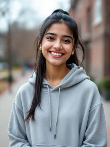 Uploaded photo: A grey hoodie on campus. Same big smile and ponytail, now in a blue and magenta silk saree with a diya at the doorstep.