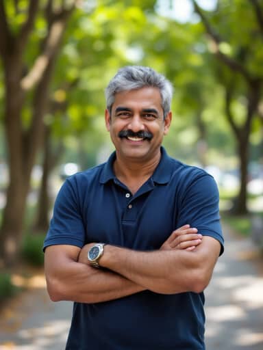 Uploaded photo: A navy polo in the park. Same grey hair, moustache and grin, now in a silk kurta with a stole, holding the diya.