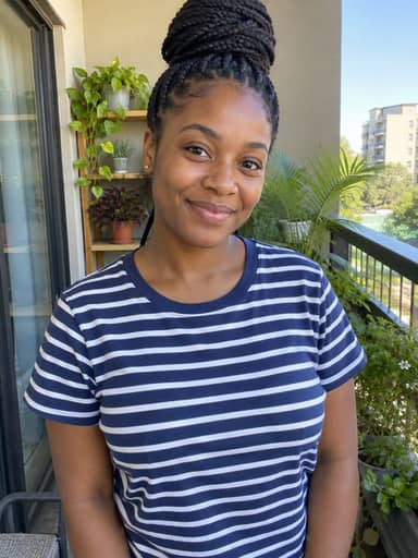 Uploaded photo: A sunny balcony photo in a striped tee. Same braided bun and smile, now presenting a carousel horse and a canoe.