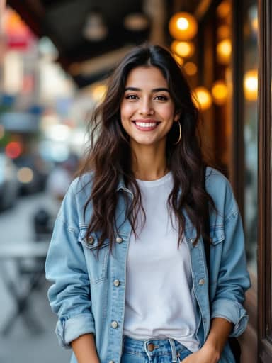 Uploaded photo: A sidewalk photo in a denim jacket. Same smile and wavy hair, now twirling in a mirror-work chaniya choli.