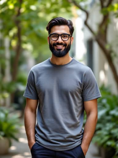 Uploaded photo: A grey T-shirt in the office courtyard. Same beard, glasses and grin, now clapping in an embroidered kediyu.