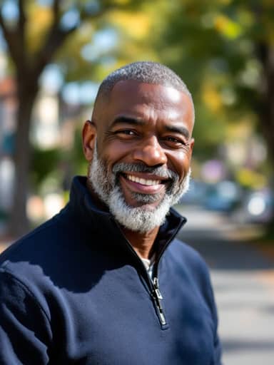 Uploaded photo: A sunny street photo in a navy sweater. Same grey beard and grin, now the detective in a squad room lit red and blue.