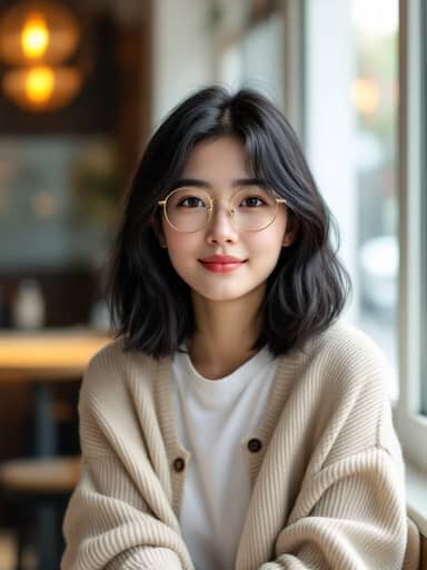 Uploaded photo: A cafe photo in a cream cardigan. Same bob, gold glasses and smile, now at a case-file desk in the police station.