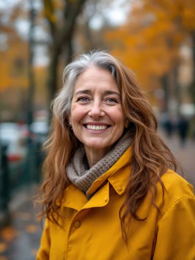 Uploaded photo: An autumn park photo in a yellow raincoat. Same long auburn-grey hair and smile, now in a dark coat on the night shift.