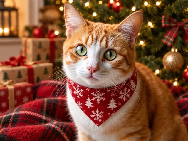 An orange and white cat in a red Christmas bandana among presents by the tree, made from an everyday photo of the same cat