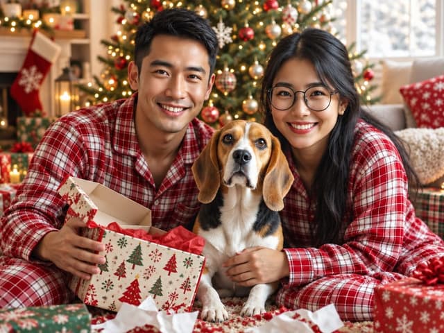 A couple and their beagle in matching red-and-white plaid pajamas opening presents by the tree