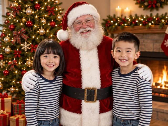A brother and sister smiling next to Santa Claus by a Christmas tree, made from a photo of them at home