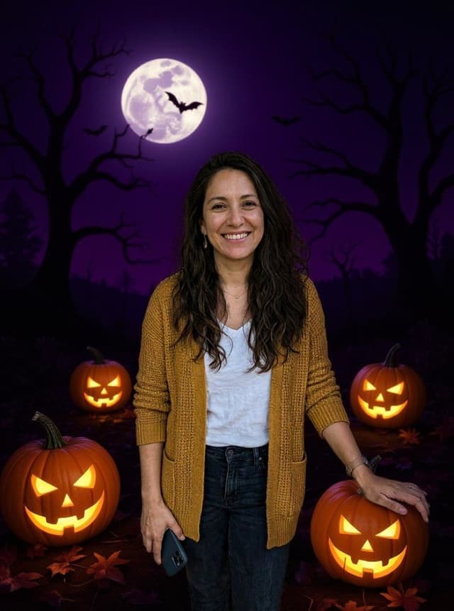A woman under a full moon with carved jack-o-lanterns, a classic AI Halloween photo