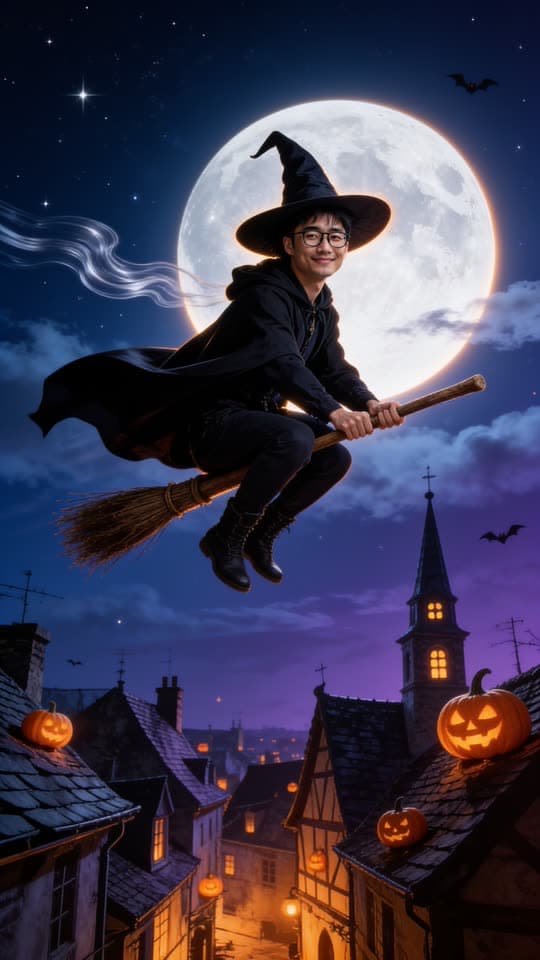 A man with glasses turned into an AI witch flying on a broomstick past a full moon over a Halloween town