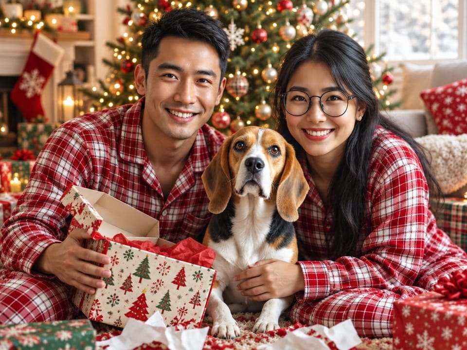 A couple and their beagle in matching plaid pajamas by a Christmas tree, made from an everyday photo