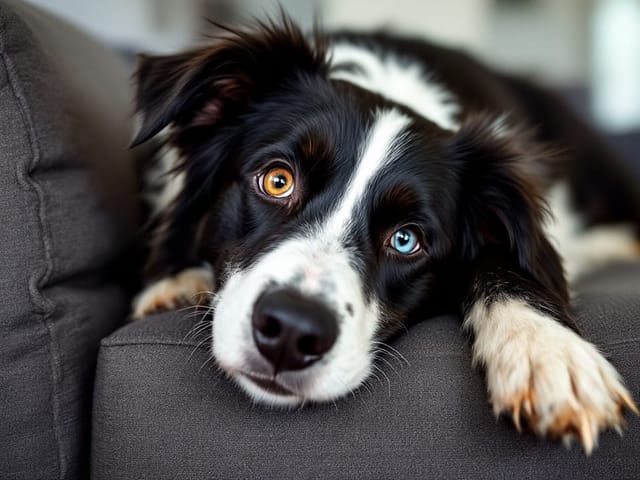 AI Christmas pet photo example: a border collie with one blue and one brown eye on a couch, then the same dog in a red Christmas bandana by the tree (before)