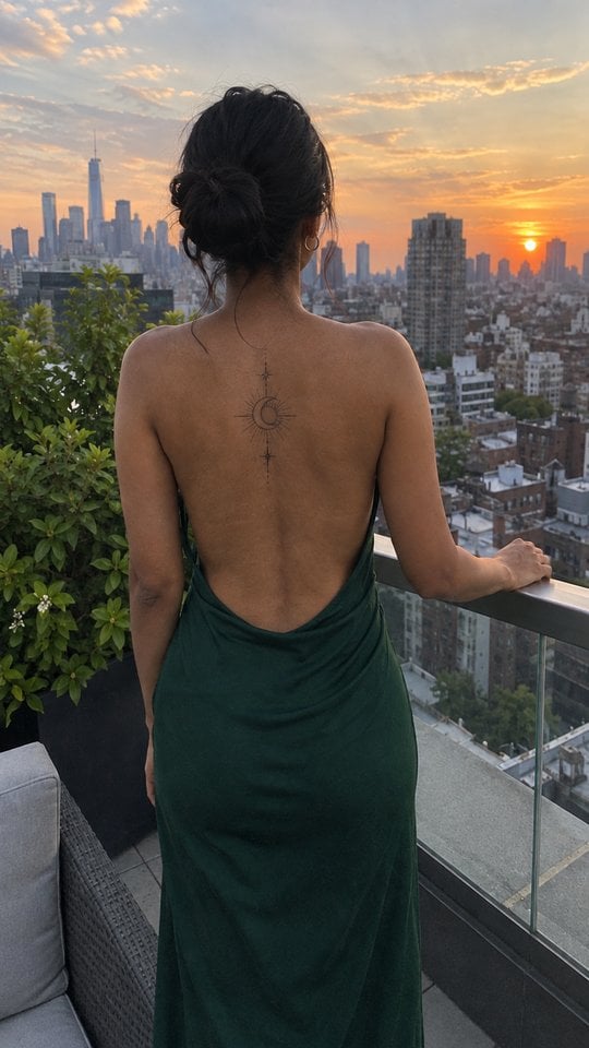 AI Tattoo Transformation still: A solo version. In a backless dress, one sun-and-moon design on the upper back.