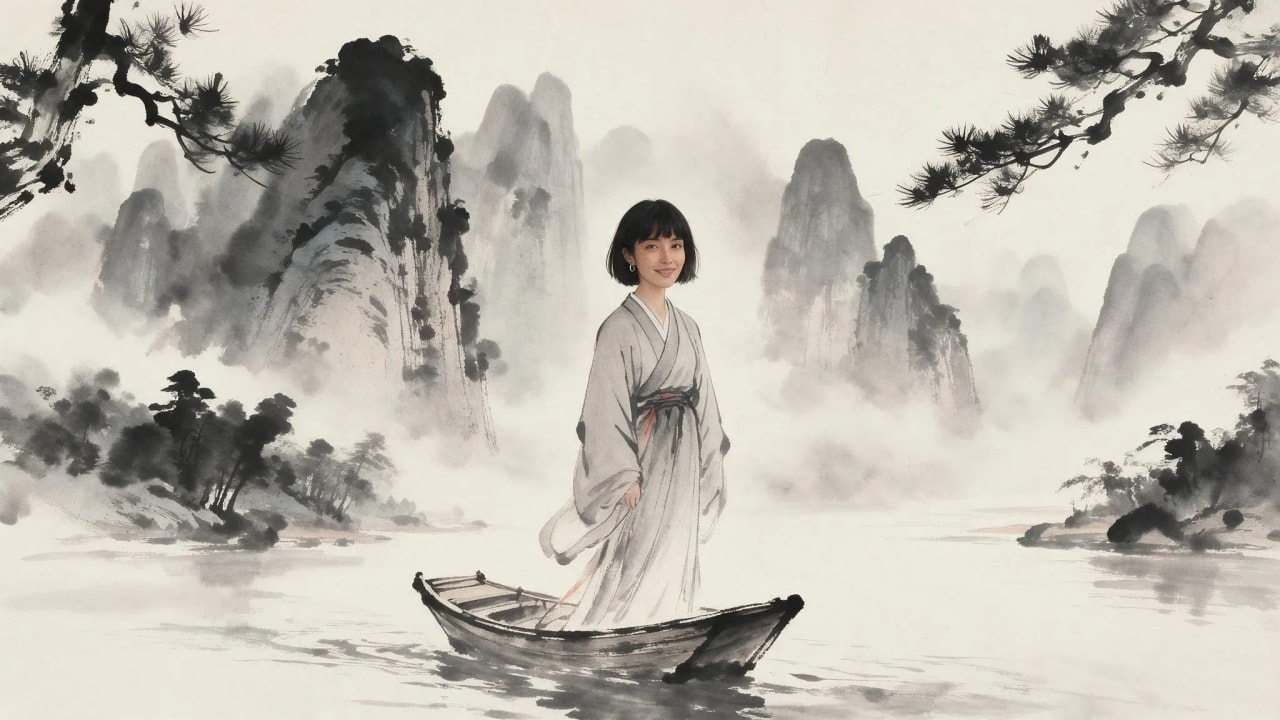 Ink & mist: A Chinese ink-wash scroll: rice paper, karst peaks and a small boat on a misty river.