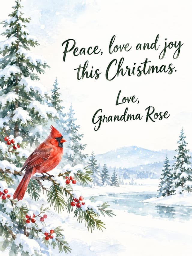 A watercolor AI Christmas card with a red cardinal in snowy pines and a handwritten message