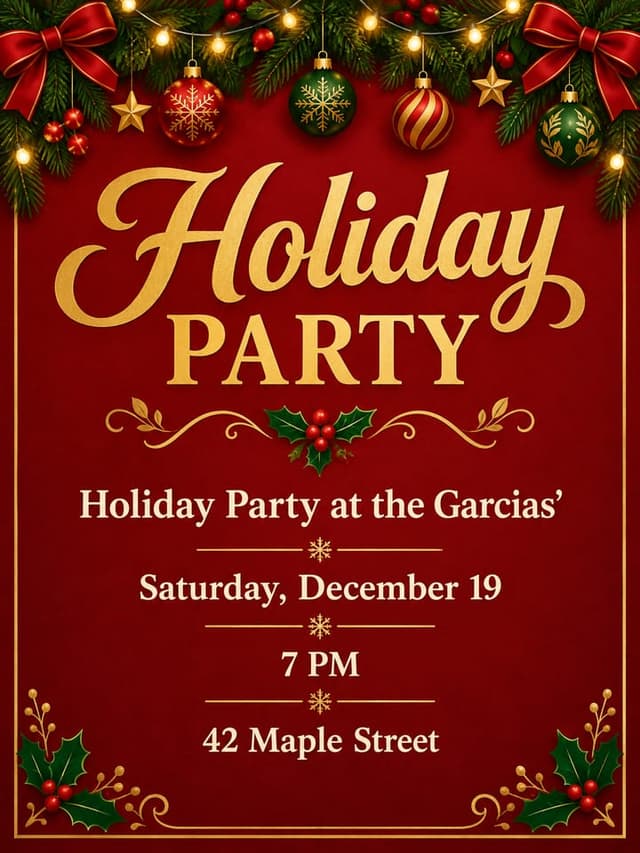 An AI Christmas party invitation with the date, time and address under string lights