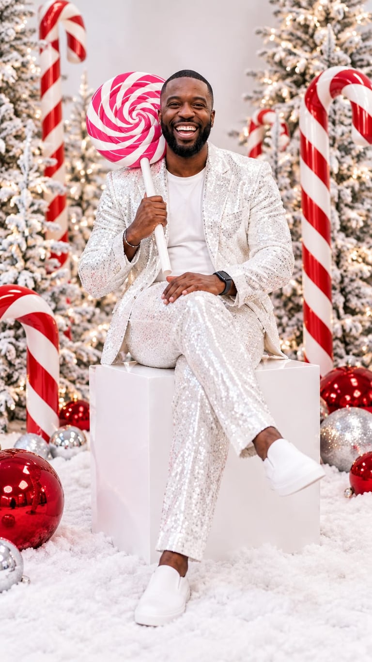 AI Christmas Photo Trend still: A laugh in the park. Same beard and grin, even the same watch, now in a sequined suit among the candy canes.